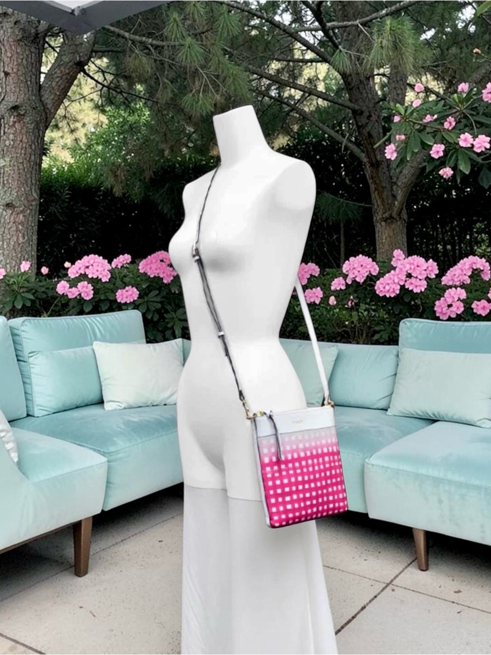 New! COACH Pink Ruby Ombre Gingham Saffiano Leather Swingpack Crossbody (NWT) - Picture 2 of 9